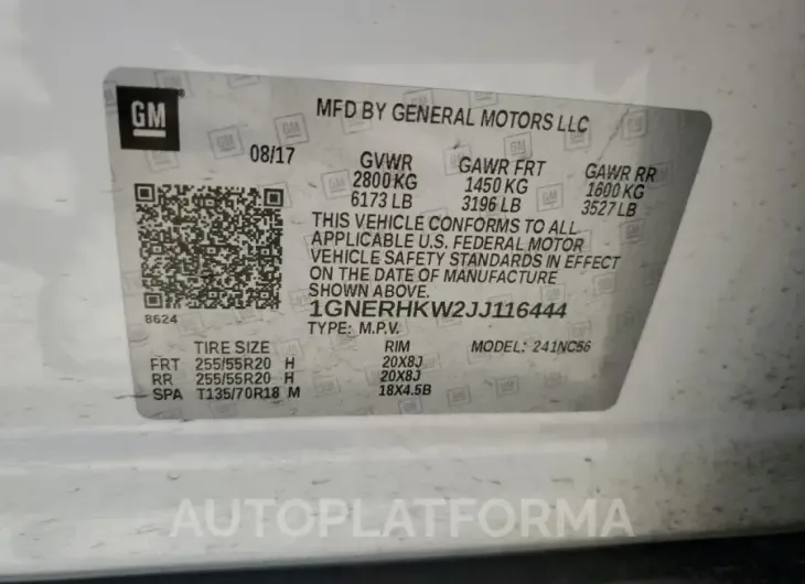 CHEVROLET TRAVERSE L 2018 vin 1GNERHKW2JJ116444 from auto auction Copart