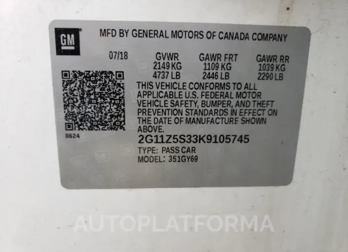 CHEVROLET IMPALA LT 2019 vin 2G11Z5S33K9105745 from auto auction Copart