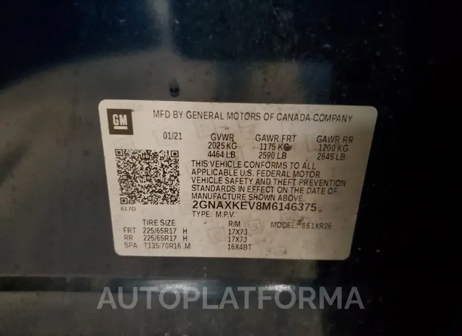 CHEVROLET EQUINOX LT 2021 vin 2GNAXKEV8M6146375 from auto auction Copart