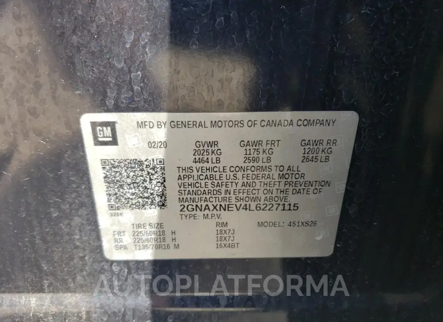 CHEVROLET EQUINOX PR 2020 vin 2GNAXNEV4L6227115 from auto auction Copart