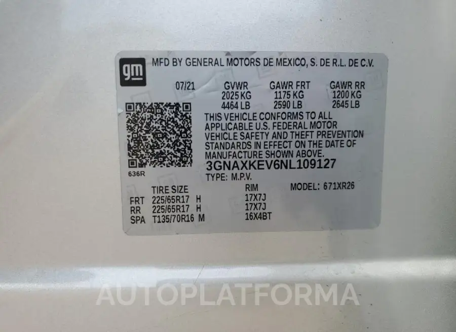 CHEVROLET EQUINOX LT 2022 vin 3GNAXKEV6NL109127 from auto auction Copart