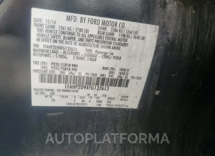 FORD TAURUS SE 2015 vin 1FAHP2D9XFG132613 from auto auction Copart