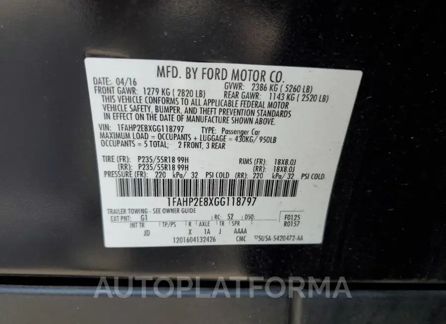 FORD TAURUS SEL 2016 vin 1FAHP2E8XGG118797 from auto auction Copart