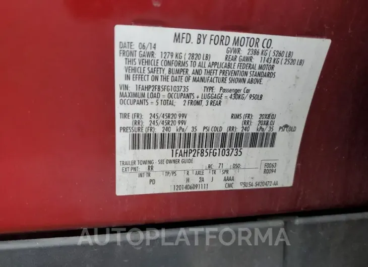 FORD TAURUS LIM 2015 vin 1FAHP2F85FG103735 from auto auction Copart