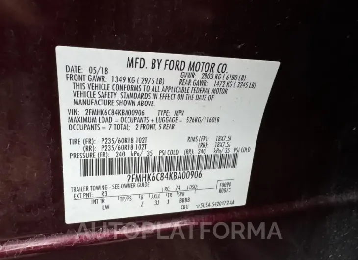 FORD FLEX SEL 2019 vin 2FMHK6C84KBA00906 from auto auction Copart