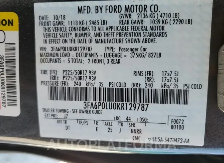 FORD FUSION SE 2019 vin 3FA6P0LU0KR129787 from auto auction Copart