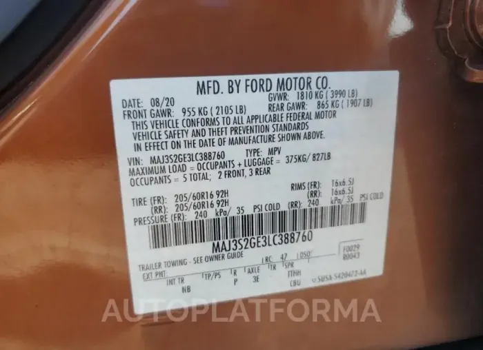 FORD ECOSPORT S 2020 vin MAJ3S2GE3LC388760 from auto auction Copart