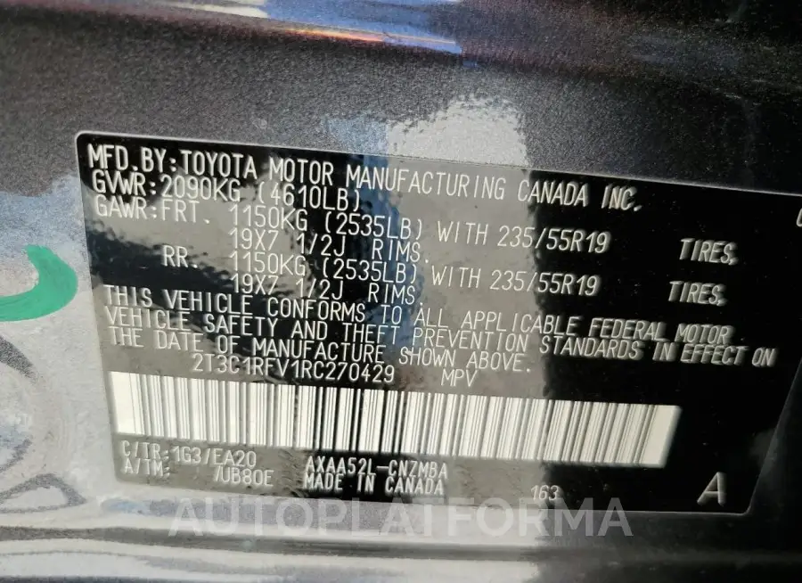 TOYOTA RAV4 XLE P 2024 vin 2T3C1RFV1RC270429 from auto auction Copart