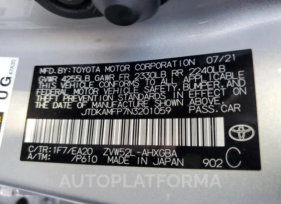 TOYOTA PRIUS PRIM 2022 vin JTDKAMFP7N3201059 from auto auction Copart