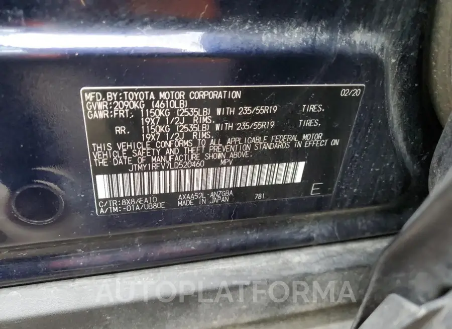 TOYOTA RAV4 LIMIT 2020 vin JTMY1RFV7LD520460 from auto auction Copart