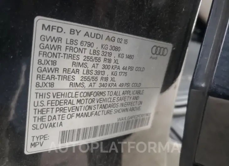 AUDI Q7 PREMIUM 2015 vin WA1LGAFE2FD017802 from auto auction Copart