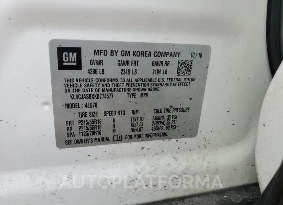 BUICK ENCORE PRE 2019 vin KL4CJASBXKB774577 from auto auction Copart