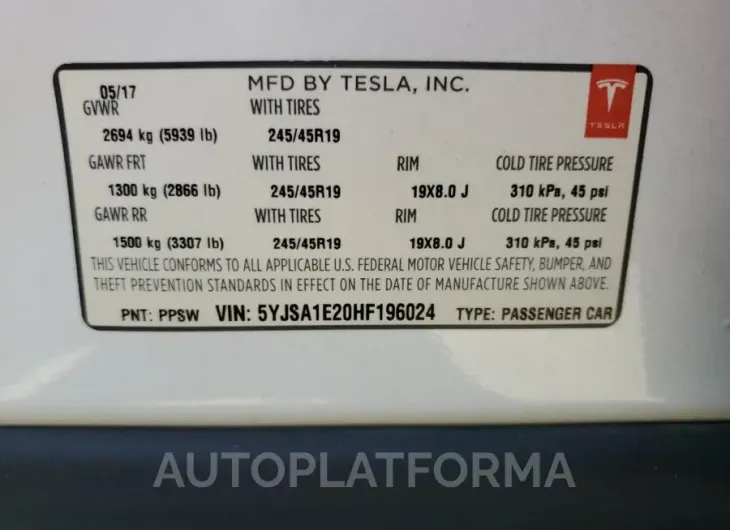 TESLA MODEL S 2017 vin 5YJSA1E20HF196024 from auto auction Copart