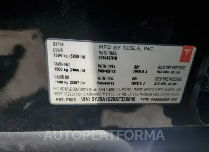 TESLA MODEL S 2019 vin 5YJSA1E20KF336046 from auto auction Copart