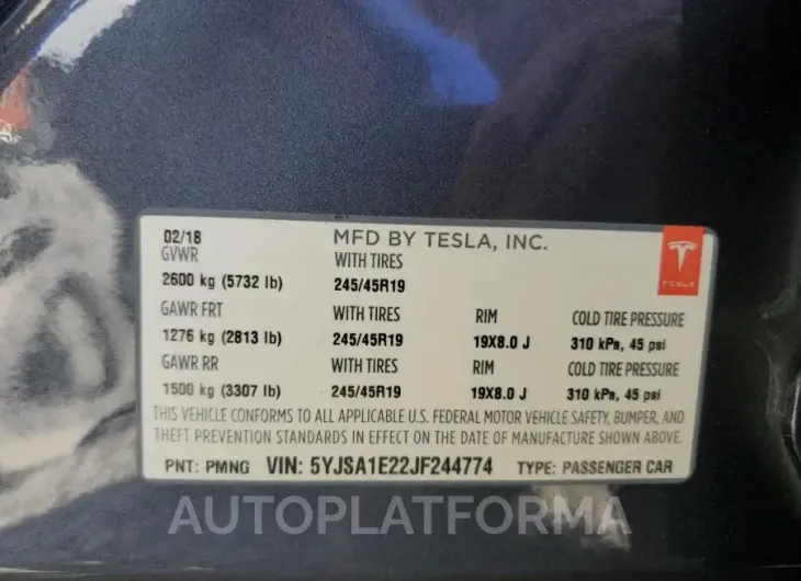 TESLA MODEL S 2018 vin 5YJSA1E22JF244774 from auto auction Copart