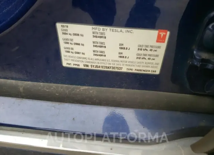 TESLA MODEL S 2019 vin 5YJSA1E26KF307537 from auto auction Copart