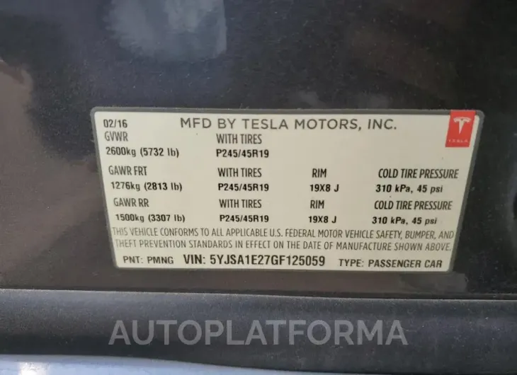 TESLA MODEL S 2016 vin 5YJSA1E27GF125059 from auto auction Copart