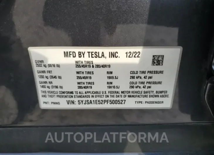 TESLA MODEL S 2023 vin 5YJSA1E52PF500527 from auto auction Copart