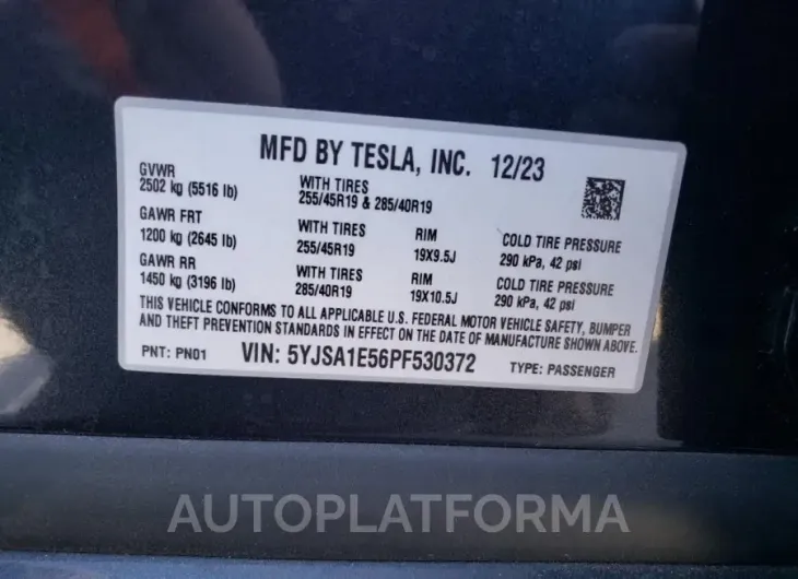 TESLA MODEL S 2023 vin 5YJSA1E56PF530372 from auto auction Copart