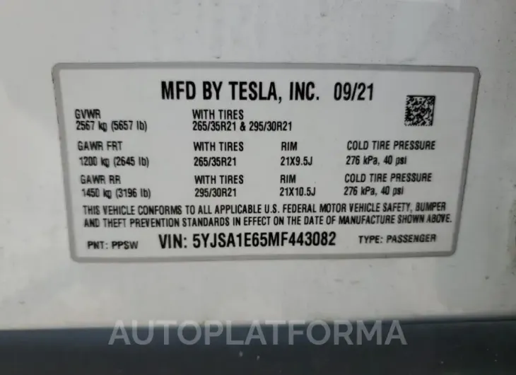 TESLA MODEL S 2021 vin 5YJSA1E65MF443082 from auto auction Copart