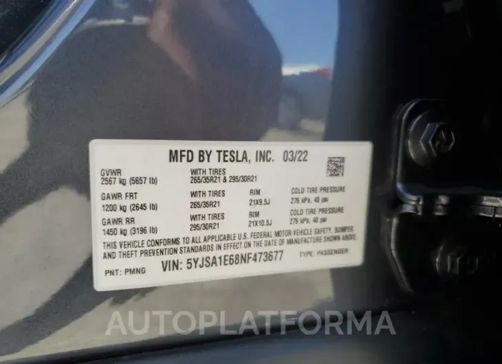 TESLA MODEL S 2022 vin 5YJSA1E68NF473677 from auto auction Copart