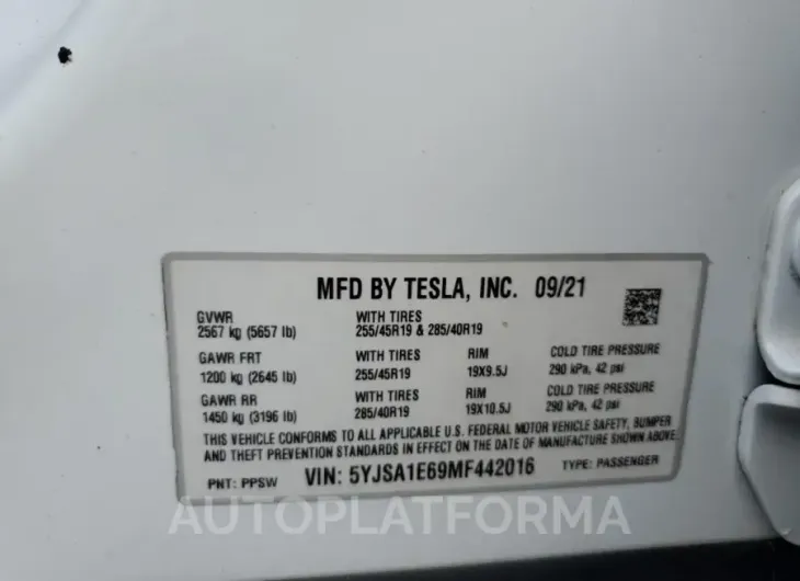 TESLA MODEL S 2021 vin 5YJSA1E69MF442016 from auto auction Copart