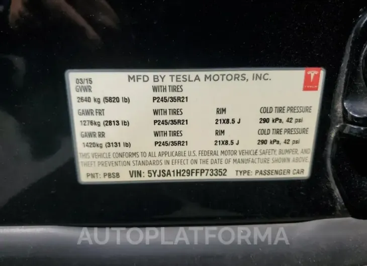 TESLA MODEL S 85 2015 vin 5YJSA1H29FFP73352 from auto auction Copart