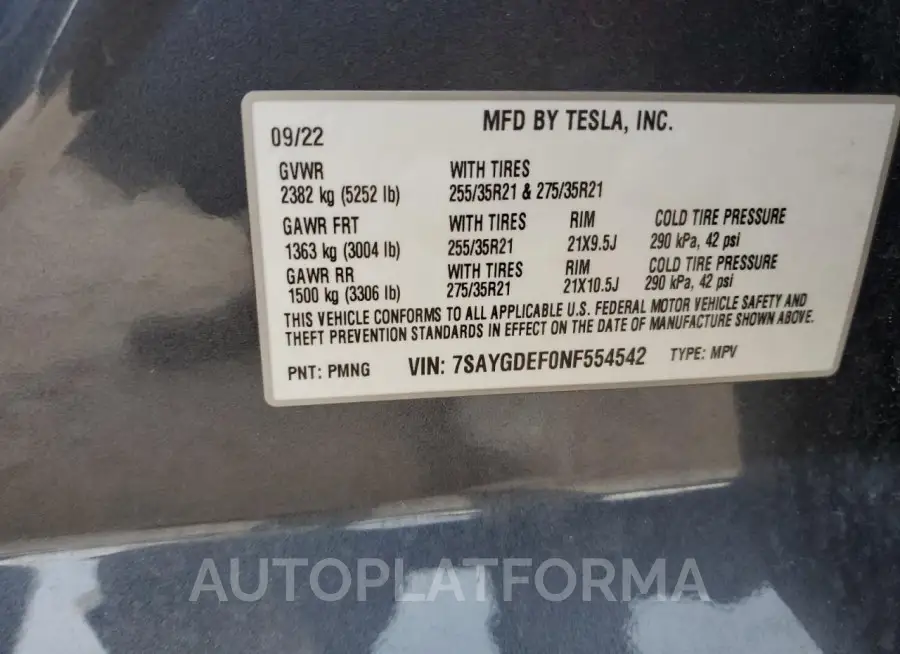 TESLA MODEL Y 2022 vin 7SAYGDEF0NF554542 from auto auction Copart