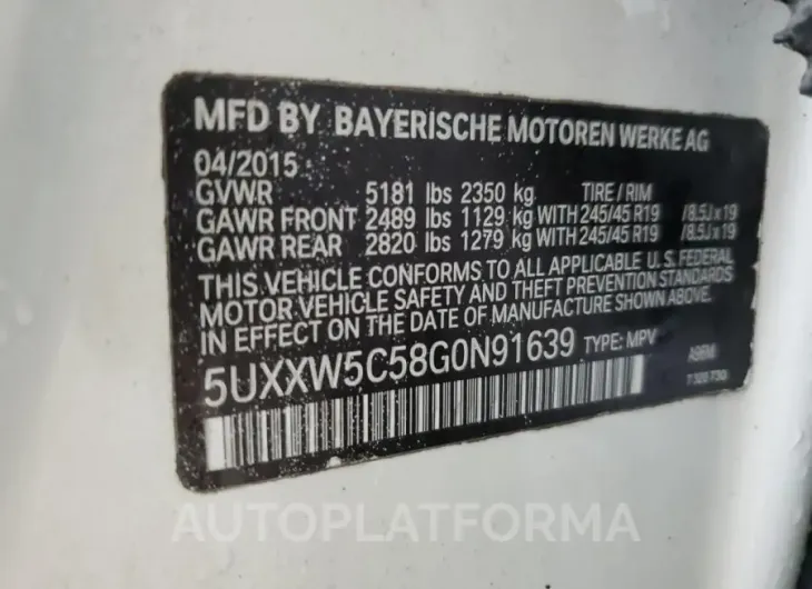 BMW X4 XDRIVE3 2016 vin 5UXXW5C58G0N91639 from auto auction Copart