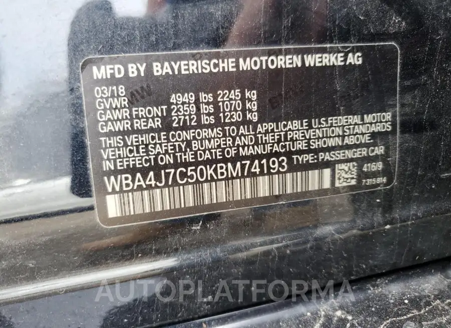 BMW 440XI GRAN 2019 vin WBA4J7C50KBM74193 from auto auction Copart