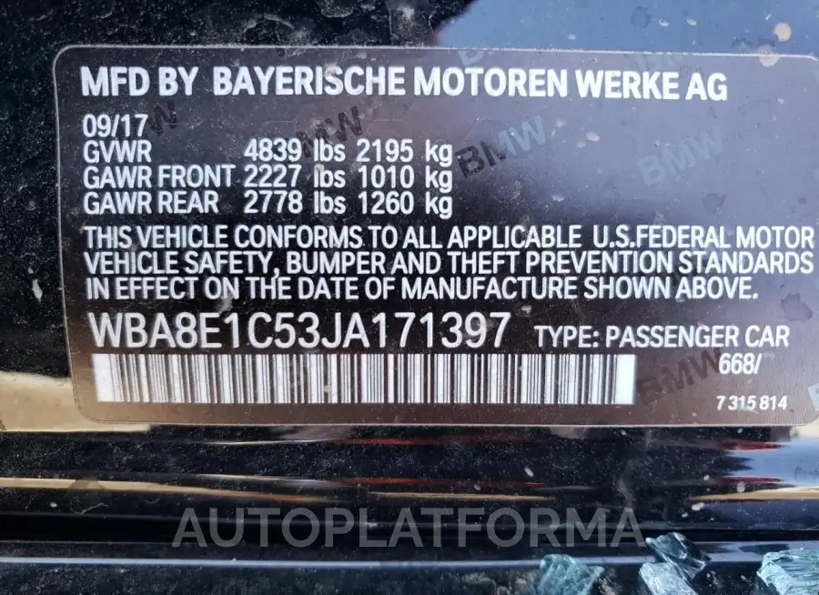 BMW 330E 2018 vin WBA8E1C53JA171397 from auto auction Copart