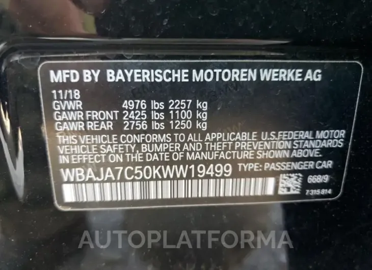 BMW 530 XI 2019 vin WBAJA7C50KWW19499 from auto auction Copart