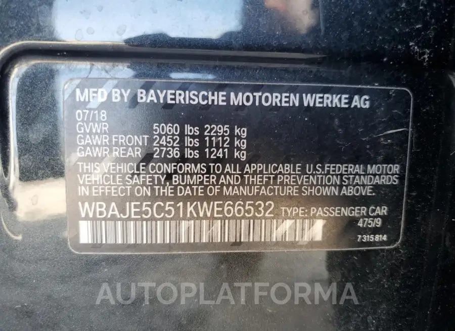 BMW 540 I 2019 vin WBAJE5C51KWE66532 from auto auction Copart