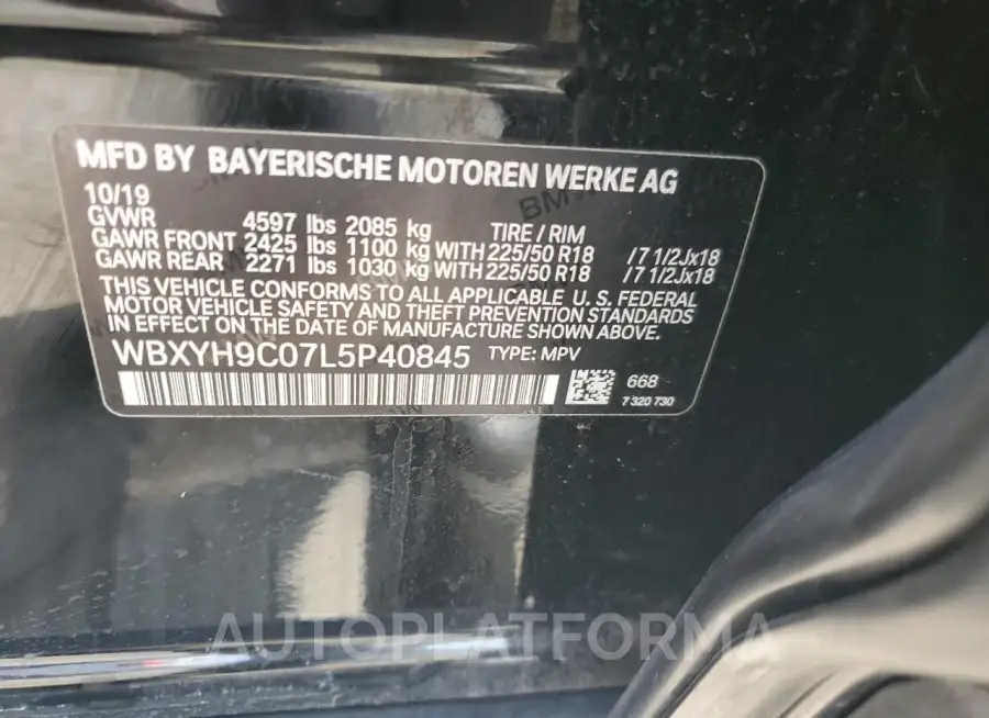 BMW X2 SDRIVE2 2020 vin WBXYH9C07L5P40845 from auto auction Copart