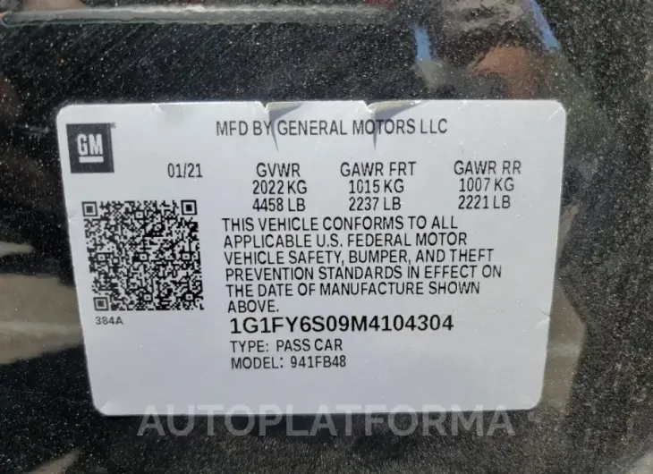 CHEVROLET BOLT EV LT 2021 vin 1G1FY6S09M4104304 from auto auction Copart