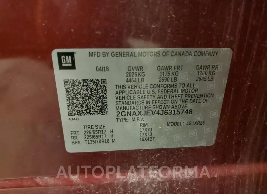 CHEVROLET EQUINOX LT 2018 vin 2GNAXJEV4J6315748 from auto auction Copart