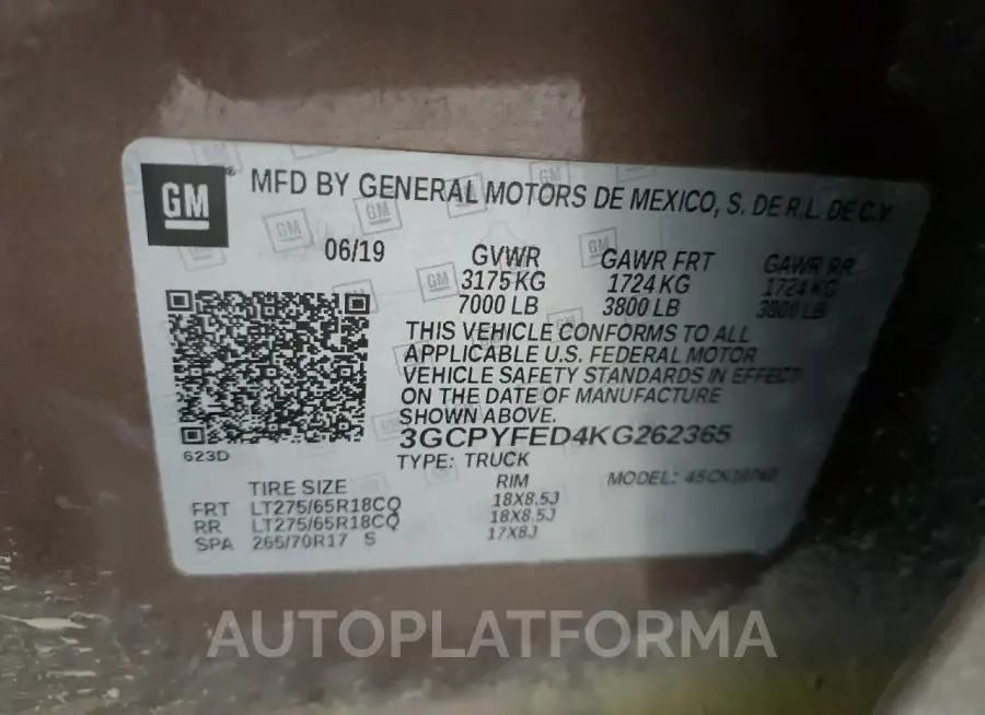 CHEVROLET SILVERADO 2019 vin 3GCPYFED4KG262365 from auto auction Copart