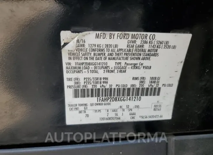 FORD TAURUS SE 2016 vin 1FAHP2D8XGG141210 from auto auction Copart