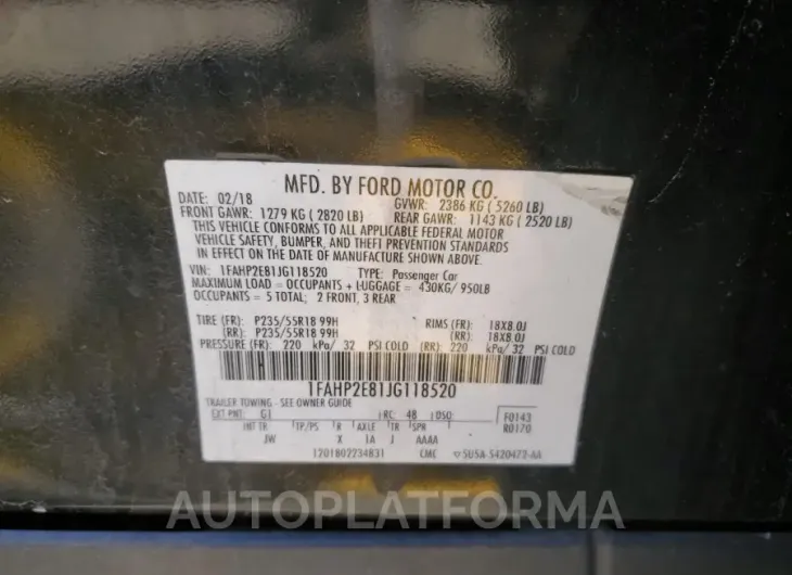 FORD TAURUS SEL 2018 vin 1FAHP2E81JG118520 from auto auction Copart