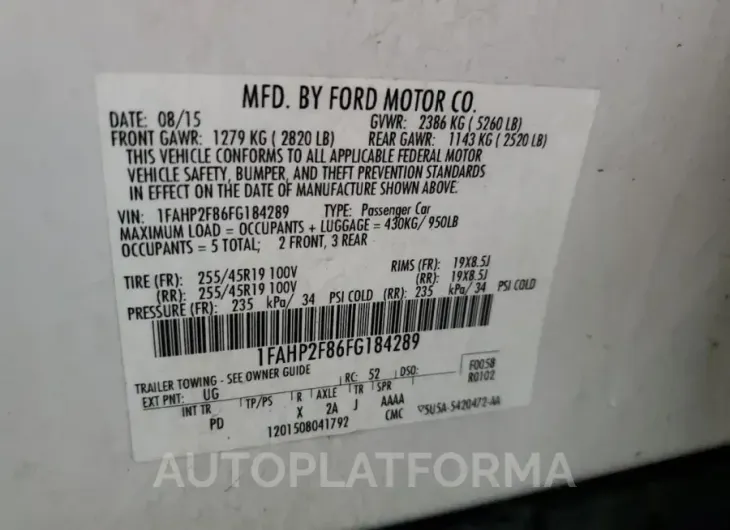 FORD TAURUS LIM 2015 vin 1FAHP2F86FG184289 from auto auction Copart