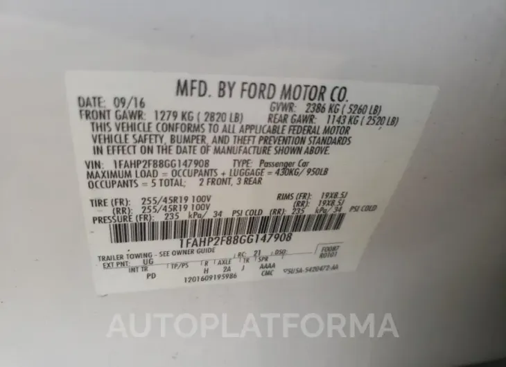 FORD TAURUS LIM 2016 vin 1FAHP2F88GG147908 from auto auction Copart