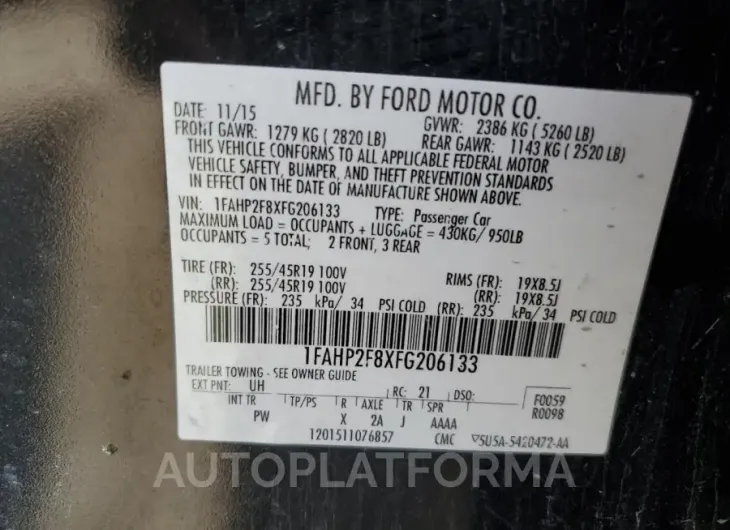 FORD TAURUS LIM 2015 vin 1FAHP2F8XFG206133 from auto auction Copart