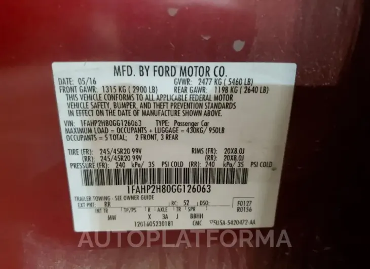 FORD TAURUS SEL 2016 vin 1FAHP2H80GG126063 from auto auction Copart