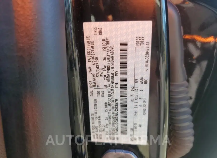 FORD ESCAPE SE 2022 vin 1FMCU0G63NUC03570 from auto auction Copart