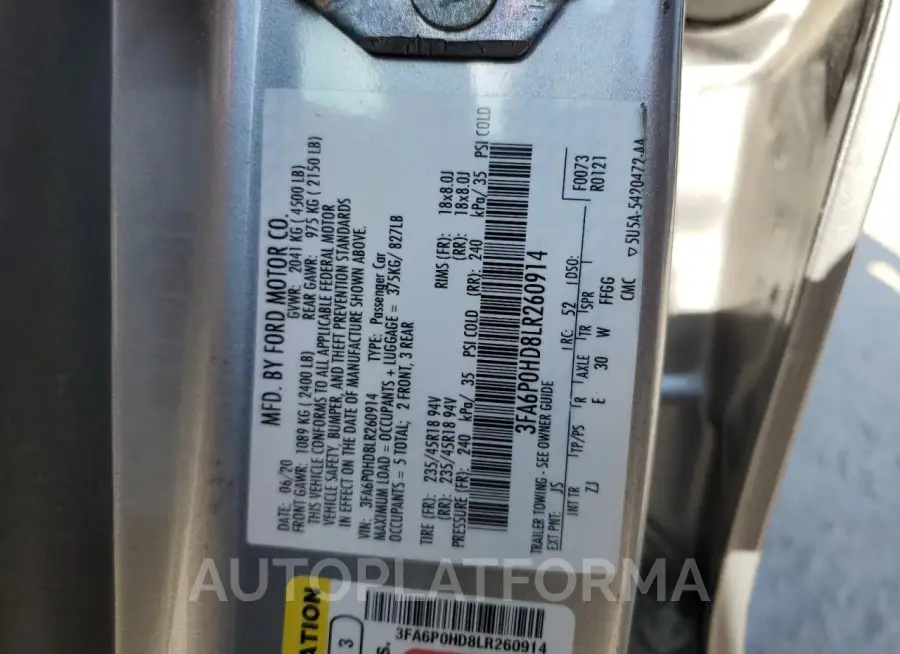 FORD FUSION SE 2020 vin 3FA6P0HD8LR260914 from auto auction Copart