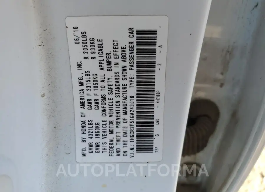 HONDA ACCORD SPO 2016 vin 1HGCR2F51GA243016 from auto auction Copart