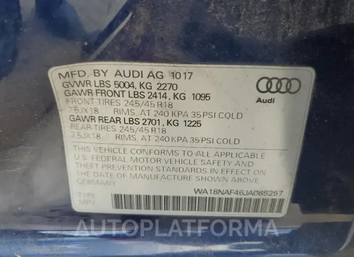 AUDI A4 ALLROAD 2018 vin WA18NAF46JA085257 from auto auction Copart