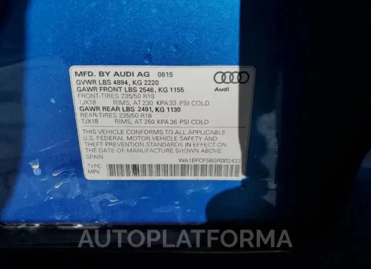 AUDI Q3 PREMIUM 2016 vin WA1EFCFS6GR002432 from auto auction Copart