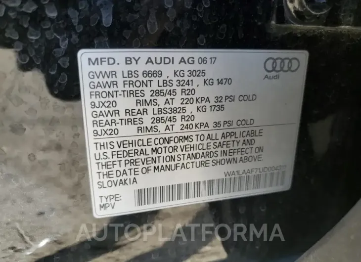 AUDI Q7 PREMIUM 2018 vin WA1LAAF71JD004311 from auto auction Copart