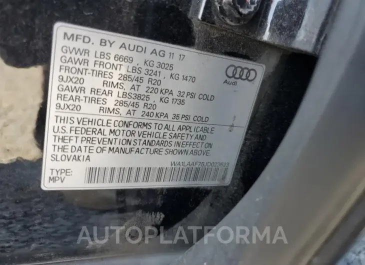 AUDI Q7 PREMIUM 2018 vin WA1LAAF75JD023623 from auto auction Copart